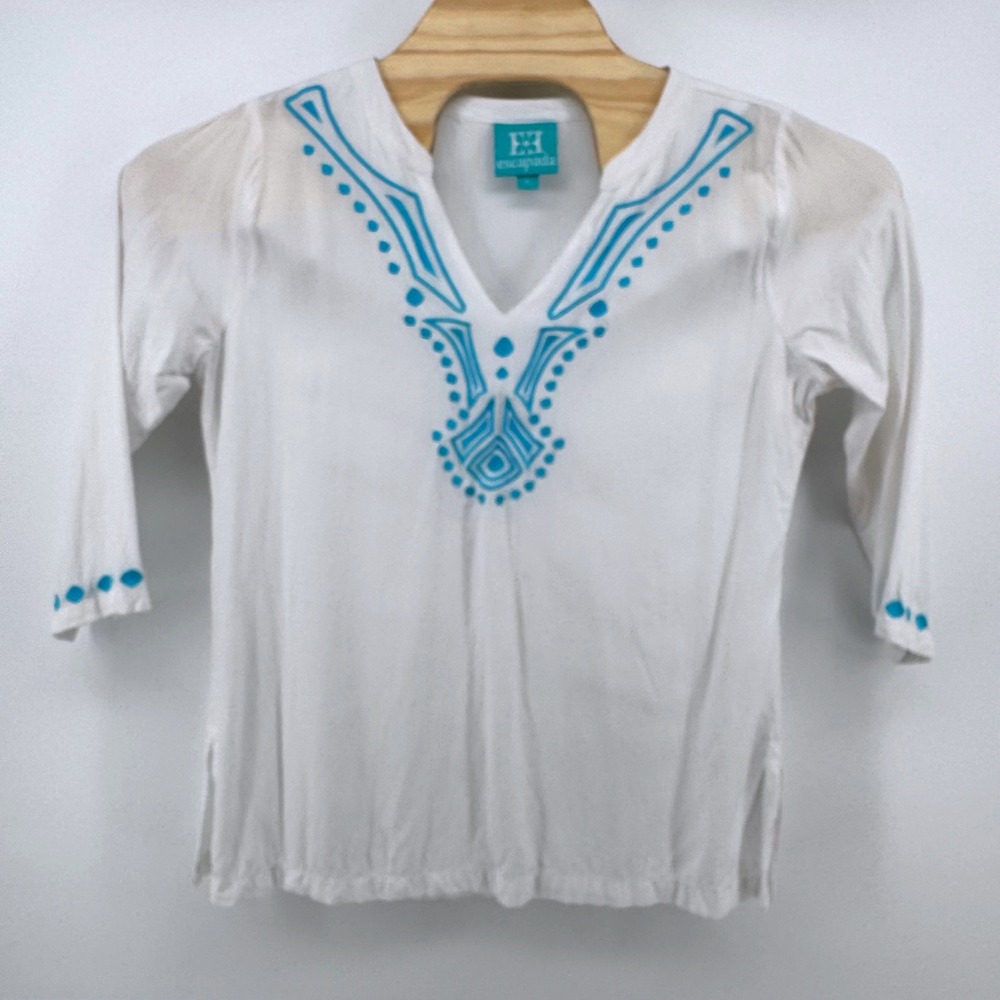 Escapada Tunic Top Shirt Large White Turquoise‎ Embroidered 3/4 Slv Peasant Boho